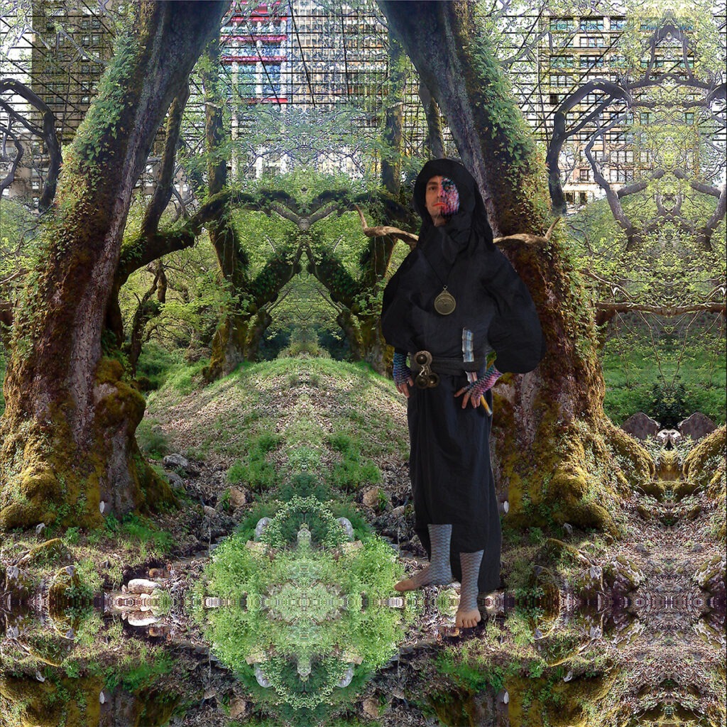 Mirrored Background image of forest with waterfall and King Kong's Cage Male full height portrait holding symbols