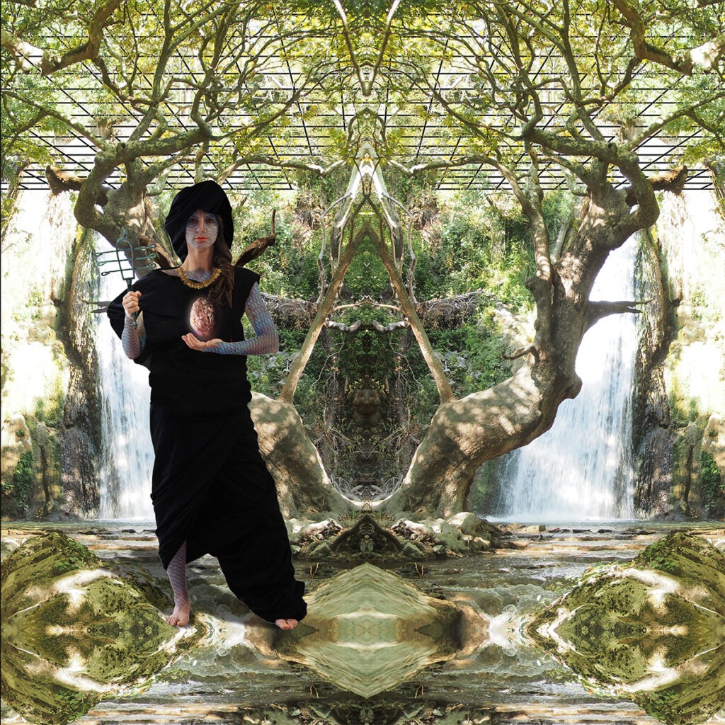 Mirrored Background image of forest with waterfall and King Kong's Cage Female full heisght portrait holding symbols